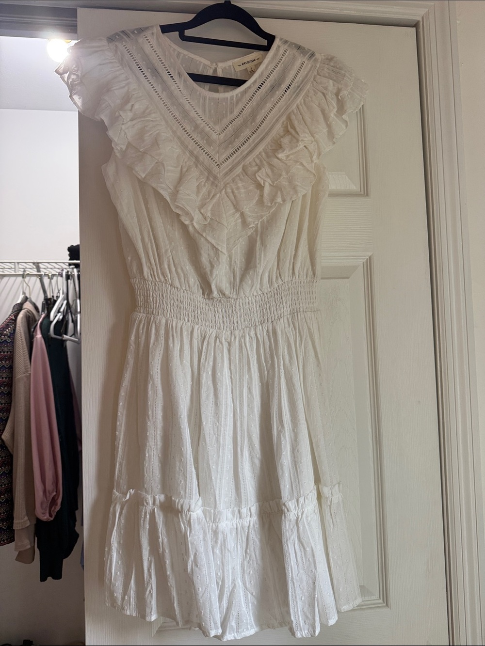 eesome White Ruffle V-Neck Smocked Waist Mini Dress